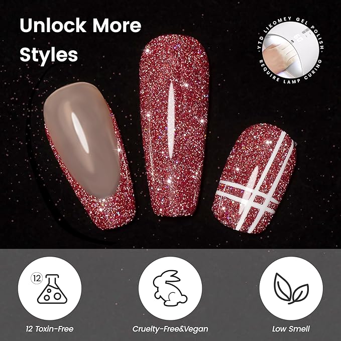 YTD Likomey Colorful Reflective Glitter Gel Nail Polish,15ml Red Flash Diamond Shimmer Nails Gel,Sparkly Shiny Salon Home Fall Winter Manicure UV Varnish,SZ395