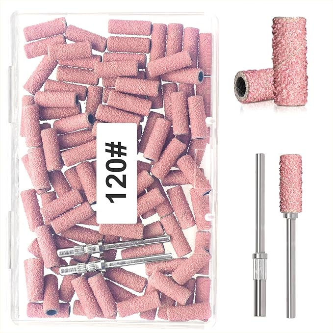 BLESWIN 100pcs Small Sanding Bands with Upgraded 3mm Mandrel Bit, 120 Grit for Acrylic Nail, Gel Nail Removing, Professional Nail Sanding Belt for Manicure and Pedicure, Pink