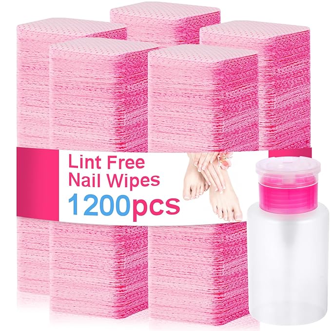 1200 PCS Lint Free Nail Wipes,Non-Woven Fabric Nail Cleaning Pads Lash Extensions Glue Cleaning Wipes,accompanied by 1 Empty Pump-Style Bottle Dispenser Nail Care Set (pink (1200pcs))