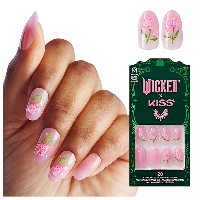 WICKED X KISS Press On Nails, ‘Bloom in Land’, Pink, Medium Oval, Waterproof, Chip Proof, Smudge Proof, 28 Fake Nails, Pink Gel Nail Glue (2g), Mini Nail File, & Manicure Stick