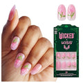 WICKED X KISS Press On Nails, ‘Bloom in Land’, Pink, Medium Oval, Waterproof, Chip Proof, Smudge Proof, 28 Fake Nails, Pink Gel Nail Glue (2g), Mini Nail File, & Manicure Stick
