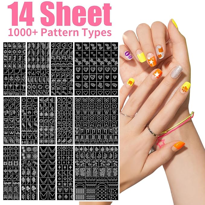 Nail Art Stencils Pens Set, 12 Nail Art Pens Markers + 14 Sheets Nail Stencils Heart Lips Flowers Nail Stickers for Women Girl, Nail Polish Pens for Nail Art Dotting Pen, DIY Nails Art Design Tools
