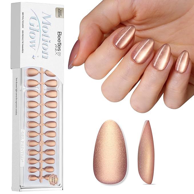 Beetles Motion Glow Nail Tips, Cat Eye Short Almond Nail Tips Set, Full Cover Fake Nail Tips Soft Nail Gel Extensions for Nail Art, 160PCS 16 Sizes, Salon Quality Look DIY Manicure Luster Glow