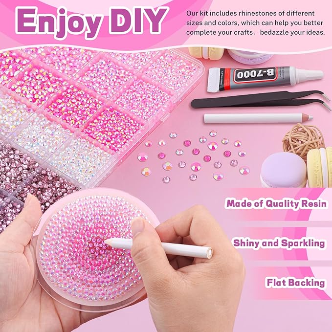 20000Pcs Pink Rhinestones for Bedazzling with 3Pcs B7000 Jewelry Glue, Resin Rhinestones for Crafting Crafts，Bedazzler Kit Flatback Gems for Clothing Shoes Tumblers Nail Art