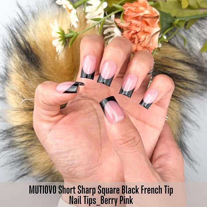 Black French Tip Short Straight Square Nail Tips Press on, BERRY PINK Extra Thick NEED Soft Gel Nail Extension, Need Builder gel & Top,Coat Full Cover False Nails, for DIY x 15 Sizes 150 pcs