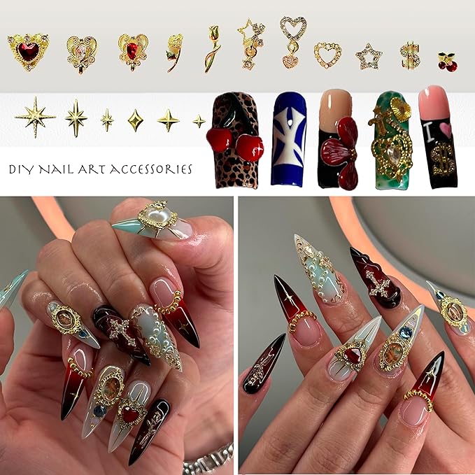 350 Pcs Gold Nail Charms with Stars, Hearts, Dollars, Cherries, Roses for Women Nail Art Decoration DIY Craft