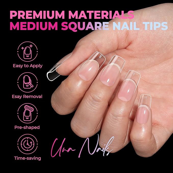 UNA GELLA Nail Tips Medium Square 510Pcs 15 Sizes - No File Needed Pre-Buffed Square Soft Gel Fake Nail Tips Clear Full Cover False Nails Soak Off Acrylic Nail Extensions for DIY Nail Art Salon
