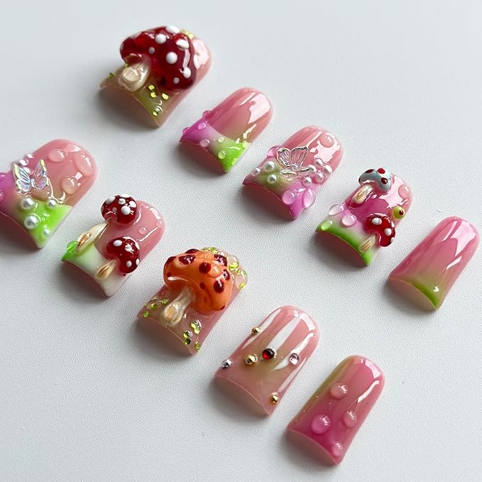 Handmade Press on Nails Short Duck 3D Unique Reusable ABS Material Fake Nails French Tip Luxury Cute False Nails with Designs Mushroom Butterfly Colorful Glossy Glue on Thick Acrylic Nails(M)