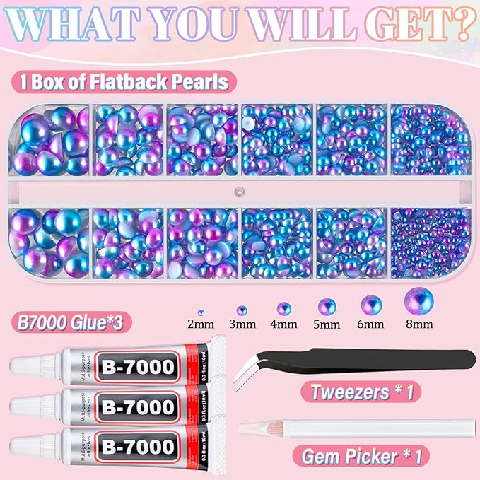 Flatback Pearls for Crafting with 3Pcs 10ml B7000 Jewelry Glue, 1 Box of Half Round Blue Mermaid Pearls, Bedazzling Beads for DIY Crafts Clothing Tumblers Shoes Embellishment Nail Art
