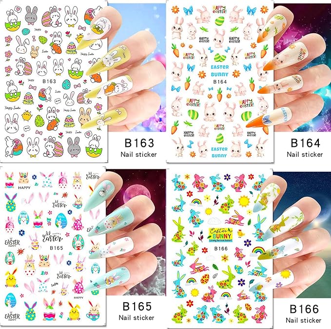 Easter Bunny Nail Art Stickers Decals 3D Self-Adhesive Nail Art Accessories Cartoons Rabbit Animal Flower Designs Sticker Lovely Rabbit Manicure DIY Nail Decorations 12 Sheets