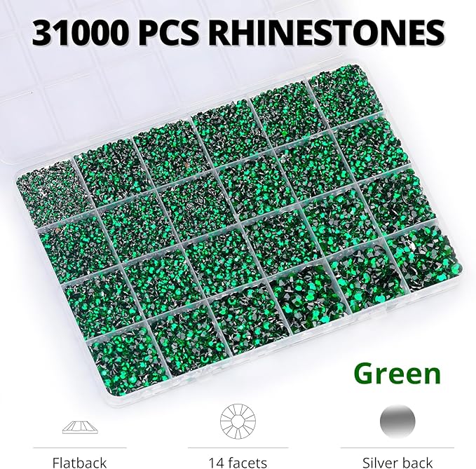 33000Pcs Green Rhinestones for Bedazzling, Bedazzler Kit with Flatback Craft Rhinestones Emerald Dark Green Bulk and B7000 Glue, 2,3,4,5,6mm Resin Flat Back Crystals for Craftings, Clothes, Nails