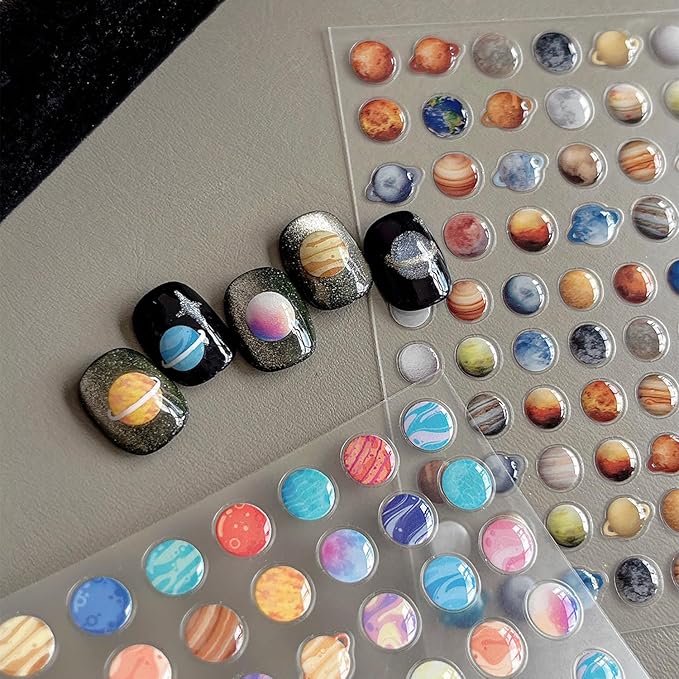 3 Sheets Jelly Planet Series Nail Stickers 5D Embossed Nail Stickers for Nail Art Space Nail Decals with Earth Moon Saturn Designs 3D Nail Art Sticker Cute DIY Self-Adhesive Supplies