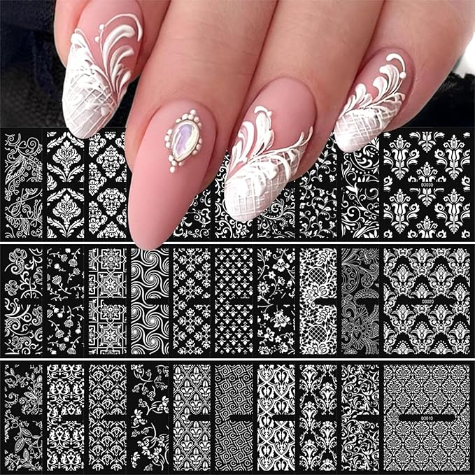 30 Sheets White Art Stickers Decals 3D Self-Adhesive LaceNail Decals Retro Flower Designs Nail Supplies Summer Nail Decoration DIY Nails Accessories for Women