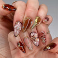Medium Almond Press on Nails Brown Fake Nails Floral Artificial Nail with Gold Charm Designs Glitter Stick on Nail for Women 24pcs