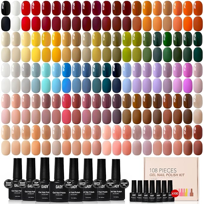 GAOY 108 Pcs Gel Nail Polish Set, 100 Colors All Season Gel Polish Kit Red White Black Purple Green with 8 Pcs Soak off Base Glossy Matte Top Coat & Builder for Nail Art DIY Manicure at Home
