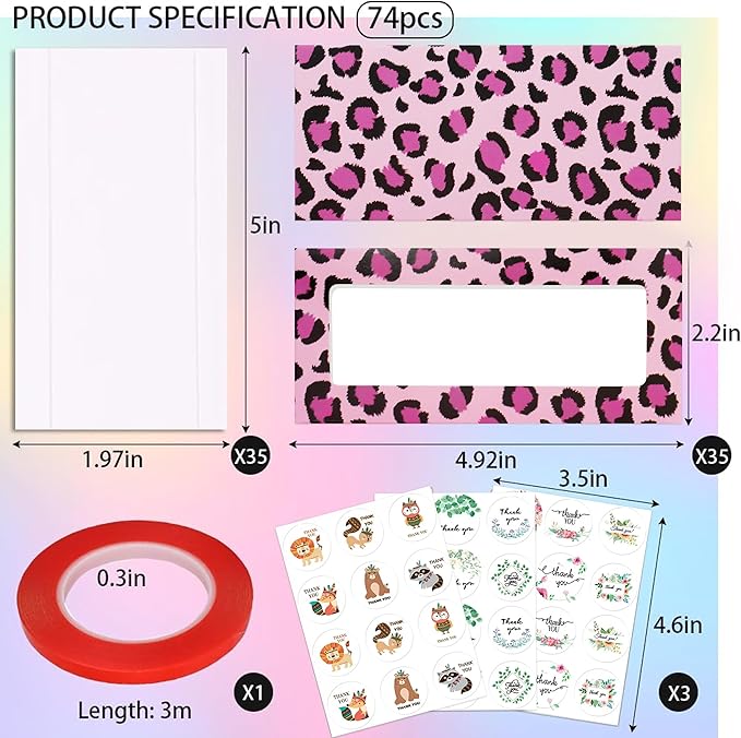 74PCS Press on Nails Packaging Box Set Includes 35PCS Empty Nail Package Box 35PCS White Background Paper 1 Double Sided Tape and 3 Thank You Stickers for Press on Nail Business (Pink Leopard)