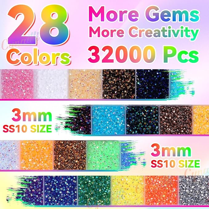 32000Pcs 3MM Colors Flatback Rhinestones for Bedazzling, Mix Sizes Jelly Resin Crystal Rhinestones Gems, Colorful Gems Bedazzling for Crafting DIY Face Makeup Crafts Tumblers