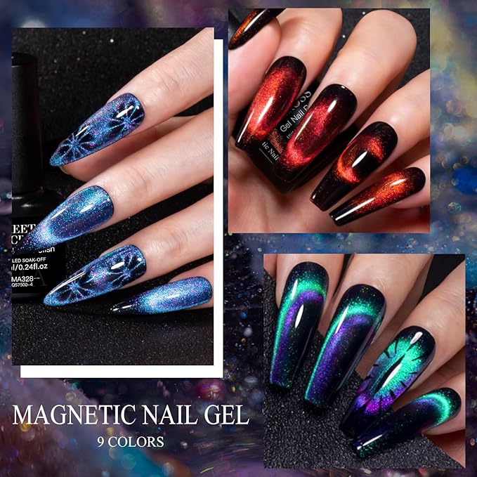 MEET ACROSS 12D Cat Eye Gel Nail Polish Set, Colorful Holographic Cat Eye Glitter Gel Polish Blue Purple Green Nail Gel Polish Kit with Base Top Coat and Magnet Soak Off Nail Art Gel DIY Salon Gift
