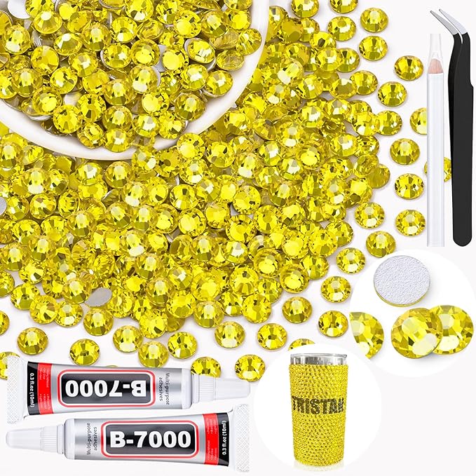 400PCS SS30/6mm Crystal Rhinestones (Lemon Yellow) with 2Pcs 10ml B7000 Jewelry Glue, Bedazzling Flatback Glass Rhinestones for Crafting, Gems Diomand Charms for Tumbler Shoes Clothing Mugs Nail Art