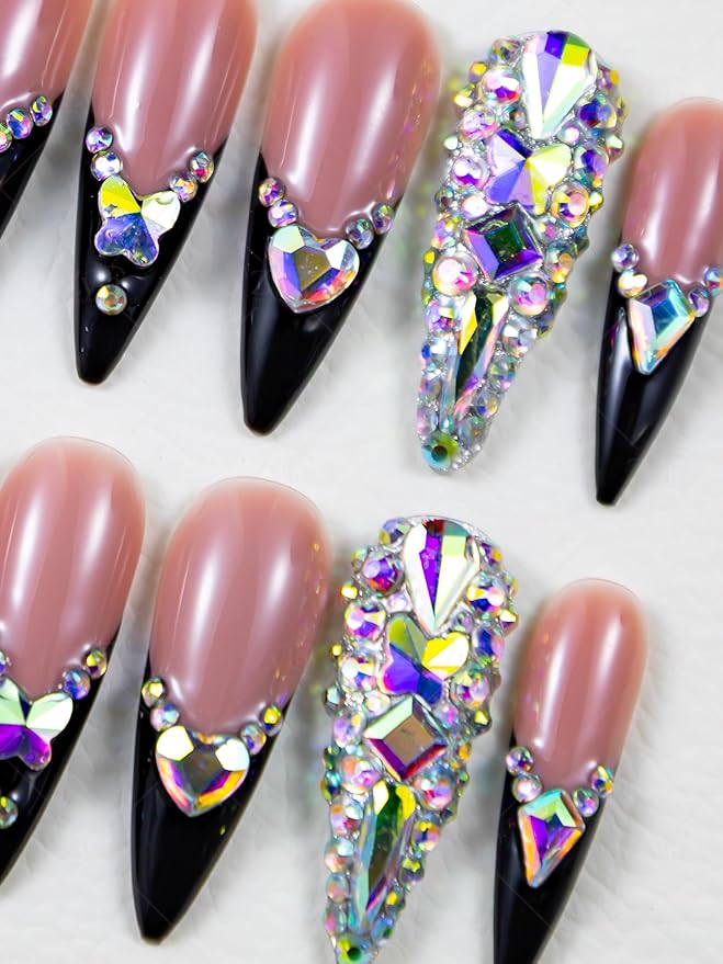 10 Pieces Handmade Long Almond Press On Nails, Black Thickened French False Nails With Rhinestone Decorate, Reusable Fake Nails Almond, Reusable Acrylic Nails (S)