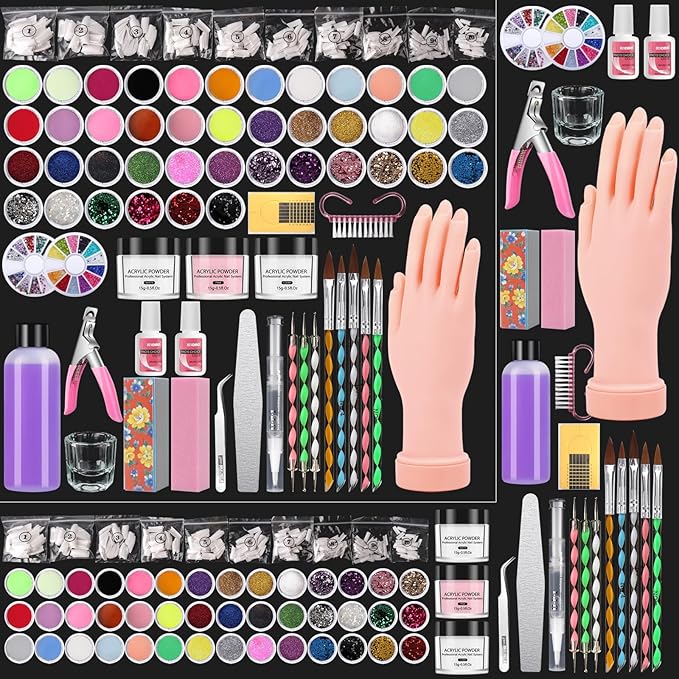 Professional Acrylic Nail Kit - Practice Hand Set with Powder, Brush, DIY Starter Kit for Beginners with tips, glue, and glitter