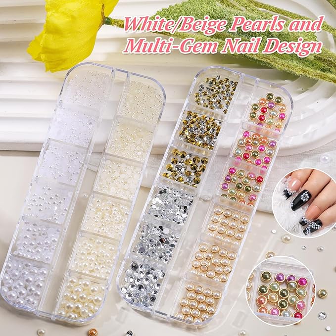 10 Boxes Nail Rhinestones Gems Kit,Gold/Silver Metal Studs,Mixed Sizes Flatback Crystals Rhinestones,Half Pearls,Sequins,Foil Flakes with Tweezers & Dotting Tools for DIY Manicure