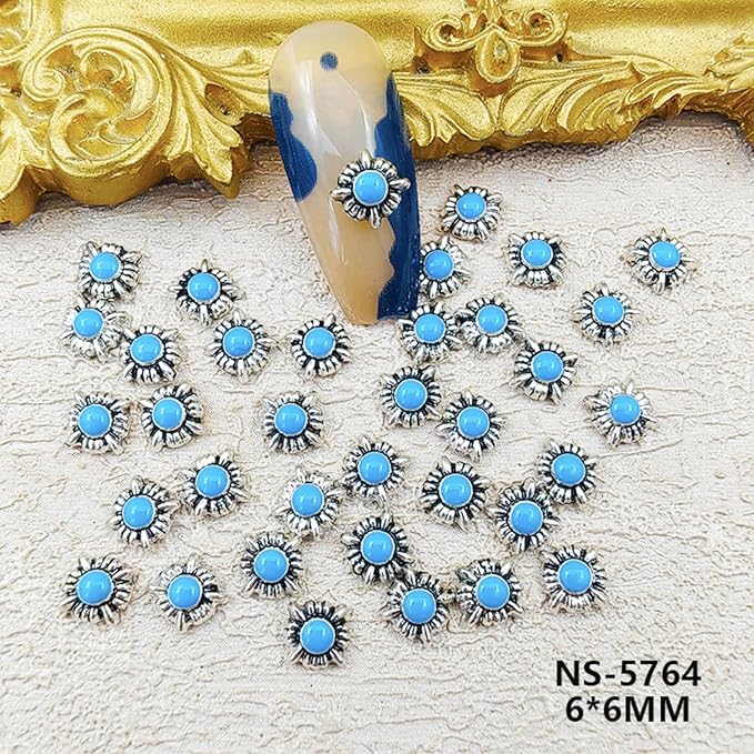 50pcs Western Nail Art Jewelry 3D Turquoise Jewelry Vintage Mixed Oval Blue Pink Marble Nail Art Jewelry for Nail Phone Case Halloween Wedding Party Decoration DIY