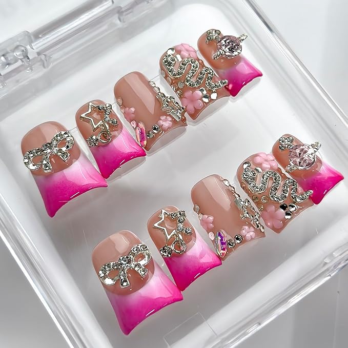 Luxury Press on Nails Short Duck Handmade 3D Unique Reusable ABS Material Fake Nails Pink French Tip False Nails with Designs Flower Bow Stars Rhinestones Glossy Glue on Nail Thick Acrylic Nail(M)