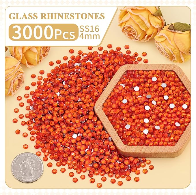 3000PCS SS16/4mm Crystal Rhinestones (Orange/Hyacinth) with 2Pcs 10ml B7000 Jewelry Glue, Bedazzling Flatback Glass Rhinestones for Crafting, Gems Diomand Charms for Tumbler Shoes Clothing Nail Art