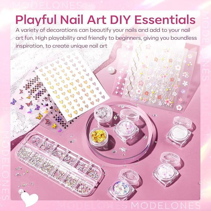 Modelones Poly Nail Gel Kit 8 Rosy Pink Colors with 48W U V/LED Lamp Poly Extension Gel Complete Nail Art Tools Professional Starter Manicure Kit Supplies Rhinestone Glitters Beauty Gift DIY at Home