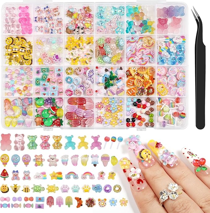 300PCS Kawaii Nail Charms Kit, 3D Animal & Candy Resin Charms for Acrylic Nails, Cute Bear Bee Fruit Nail Art Supplies with Tweezers for DIY Crafts & Shoe Decor