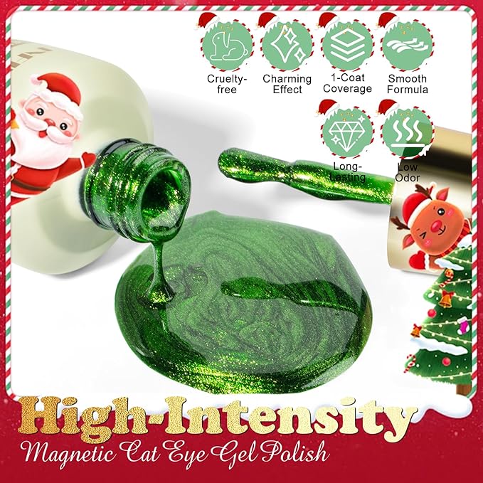 NXJ INFILILA Cat Eye Gel Nail Polish Set, 4 Colors 15ML Magnetic Nail Polish Kit - Christmas Red Green Silver Orange Glitter Gel Polish for LED/UV Lamp, DIY Home Salon Manicure Gifts for Women