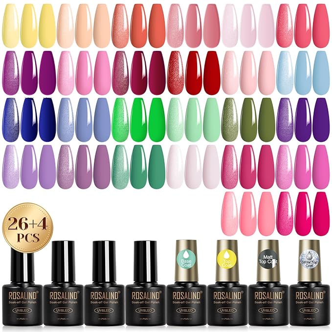 ROSALIND 30PCS Gel Nail Polish Set with Base Glossy Matte and Glitter Top Coat Gel Polish, Pink Green Hot Pink Gel Nail Set Soak Off Gel Polish Set