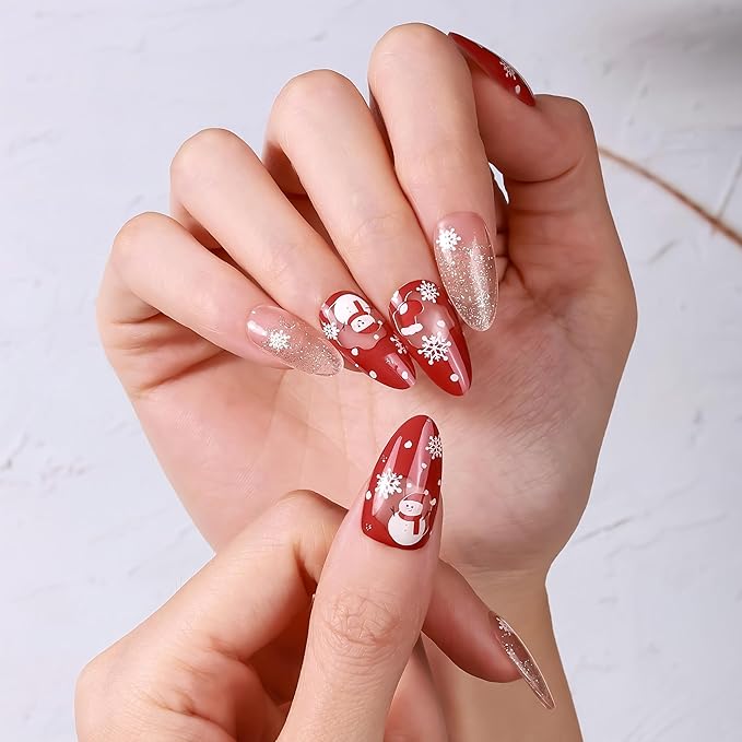20pcs Christmas Semi Cured Gel Nail Strips - Salon-Grade DIY Wraps with Glaze Texture, Easy Application, UV Light Required for Festive Nails(Red Gold Christmas Snowman Glitter Nails)