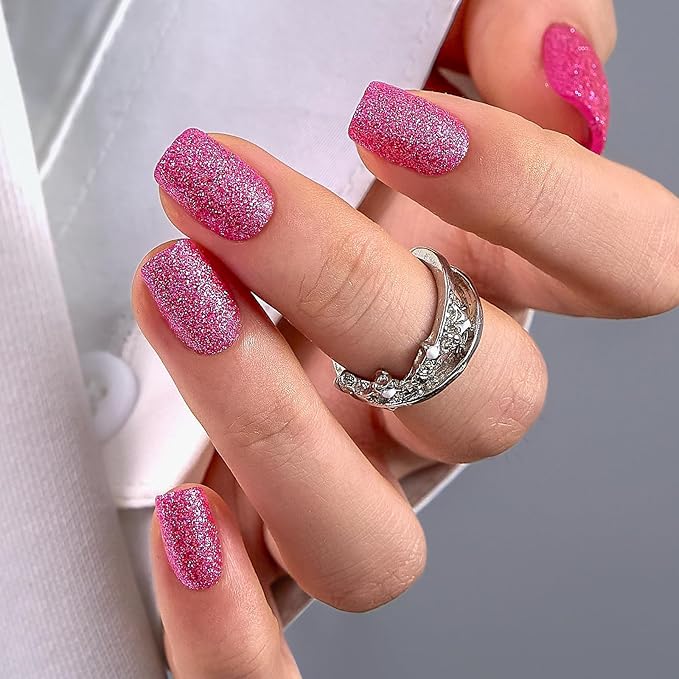 CurvLife Soft Gel Short Press On Nails Square, Long-Lasting Reusable Fake Nails Kit with Glue & Tabs, 30pcs Salon-Quality Stick On Nails for Women At-Home Manicure (Glitter Pop)