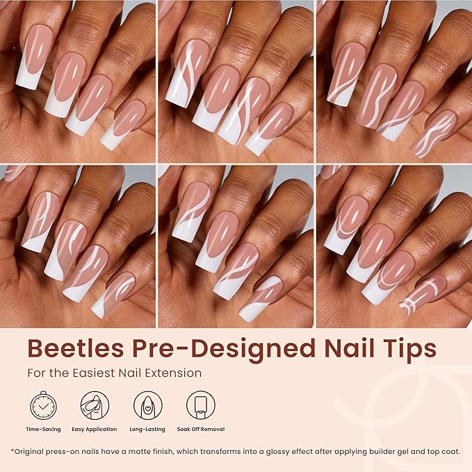 Beetles French Tip Press on Nails Long Square, 15 Sizes Soft Gel Nail Tips Jelly Brown 7 Styles Pre-Designed 4 in 1 Fake Nails Natural Look False Nail Tips for Nail Extensions Nail Art Gifts for Girls