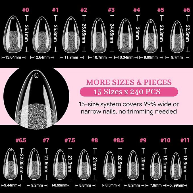 Medium Almond Fake Nail Tips, 15 Sizes 240 PCS Clear Half Matte Press On False Nail Tips Pre-shaped Full Cover Gel Nail Acrylic Soft Tips Extensions Thick Long Lasting for Home DIY Nail Salon