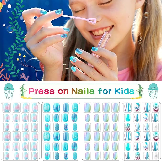 JANYUN 96 Pcs Kids False Nail Press on Nails Full Cover Short False Nails Children Nail Tips Lovely Gift for Kids Little Girls Nail Art Decoration (Blue Theme)