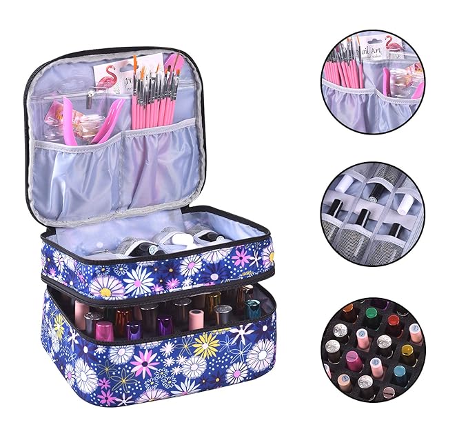 Nail Polish Organizer- Holds 30 Bottles Nail Supply Organizers and Storage Double-layer Nail Bag Organizer Case Nail varnish Organizer Nail Polish Storage Bag with Handle (Flower)