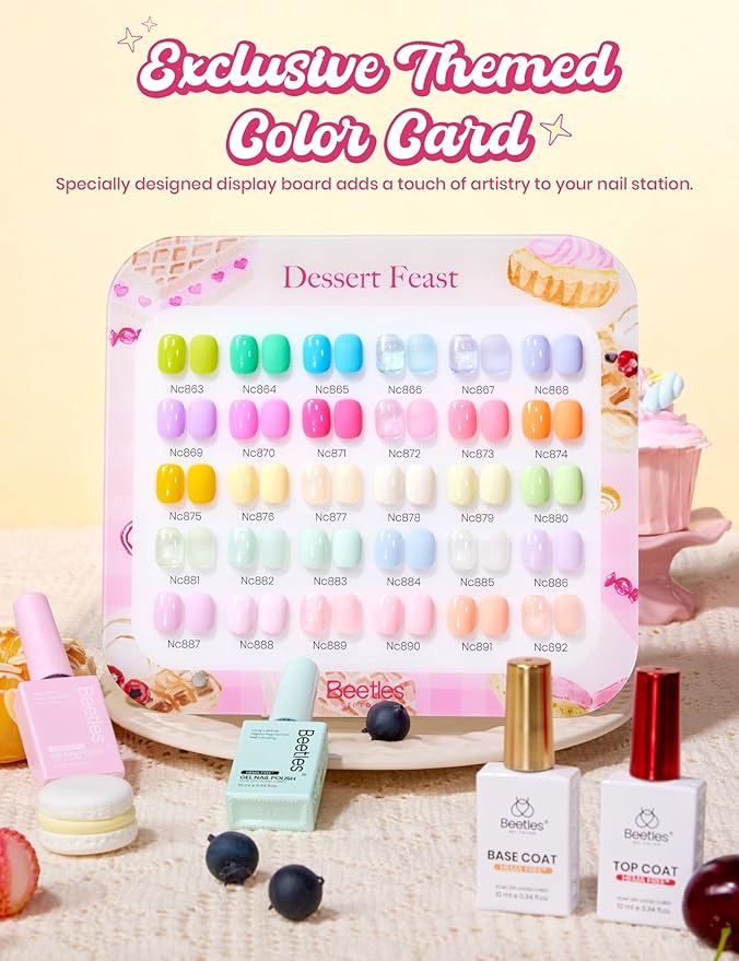 Beetles Spring Gel Polish Set - Dessert Feast 30 Colors Hema-Free Glitter Jelly Nude Pink White Yellow Green Pastel Colors Polish with Base Top Coat Swatch Card Uv LED Lamp Gel Gifts for Women