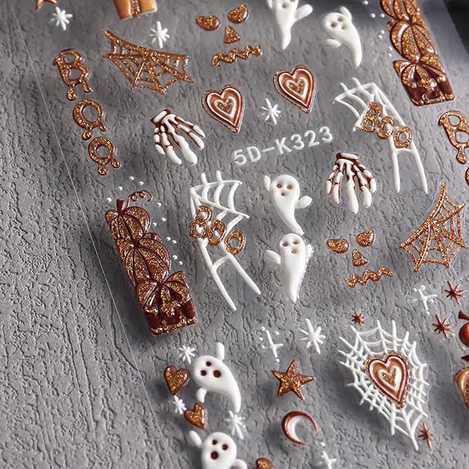 Halloween Nails Art Stickers Decals Cute White Ghost Nail Decals 5D Embossed Pumpkin Spider Web Nail Sticker Self-Adhesive Skull Nails Art Decal for Women Halloween Decor