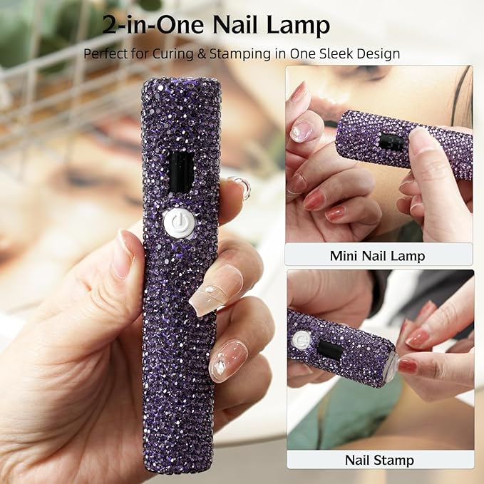 Handheld UV Nail Lamp with Sparkly Rhinestones, 3W Portable LED Nail Lamp, Wireless Rechargeable USB Nail Dryer with Silicone Stamper, LCD Display, Ideal for Home DIY Manicures (Purple)