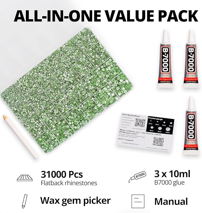 31000Pcs Light Green Resin Rhinestones for Bedazzling, 2-6mm Mixed Sizes Sage Green Rhinestones, Bedazzled Flatback Gems Jewels Diamonds Gemstones Stones Crystals for Crafting Clothes Crafts