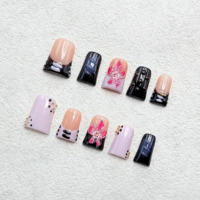 10 Pcs Handmade Duck Press on Nails 3D Art Flower Fake Nails with Golden Pearl Design Reusable Artificial Acrylic False Nail for Women Girls DIY（Size M)