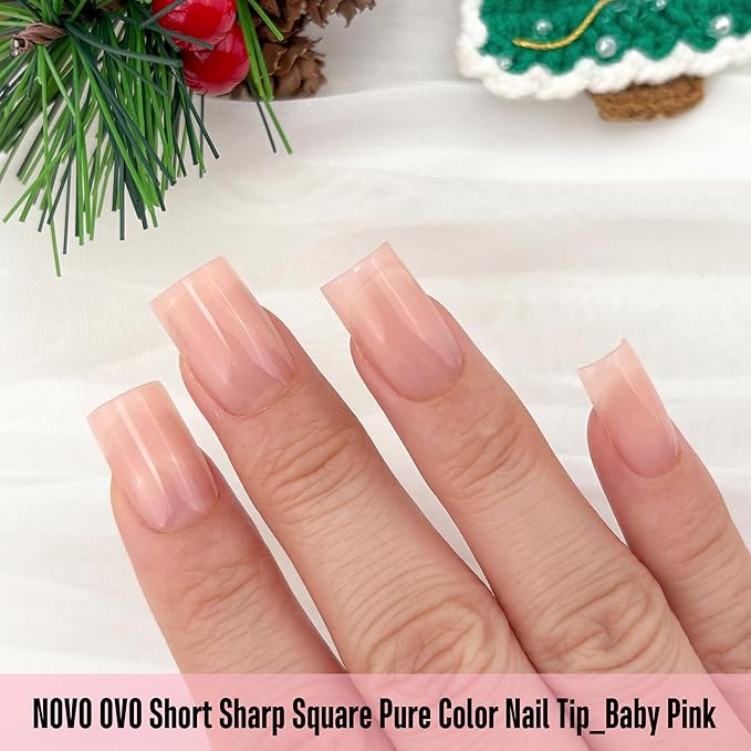 NOVO OVO Short Sharp Square Nail Tips Press on Pure Color BABY PINK, Need Builder Gel Top Coat Nail Glue, Soft Gel Matte Fake Nail Extension, Full Cover False Nails for Salon DIY x 15 Sizes 240 pcs
