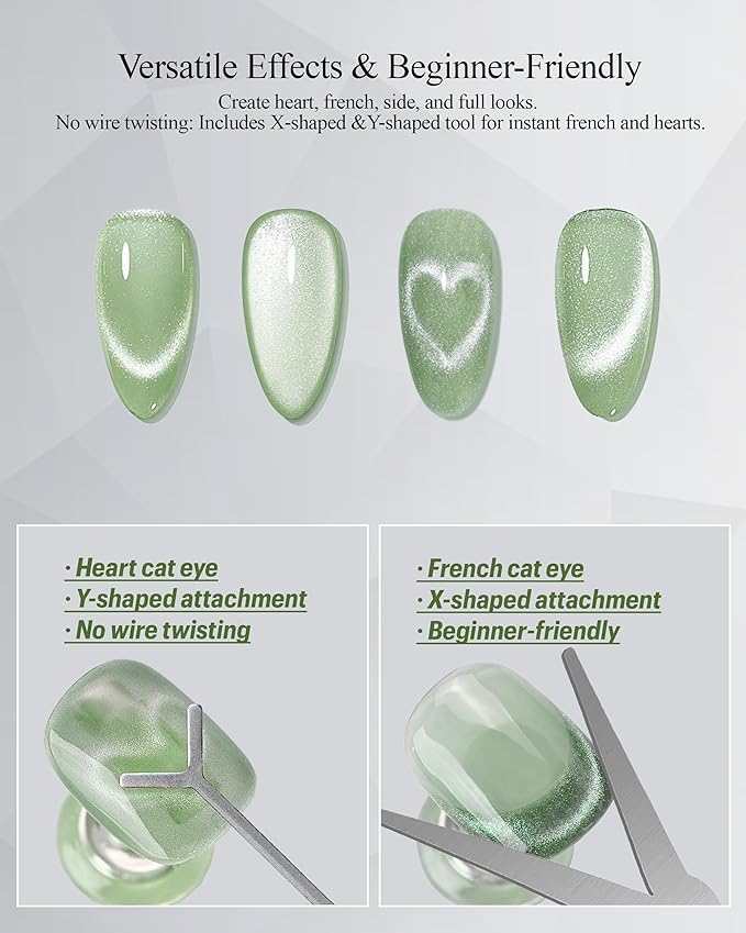 4-Piece Cat Eye Magnet Set with Case – Heart-Shaped & French-Shaped Magnets for Nail Art, Cat Eye Magnet Art Tool, 3-in-1 Magnetic Pen for Salon Professionals & Home DIY, Green