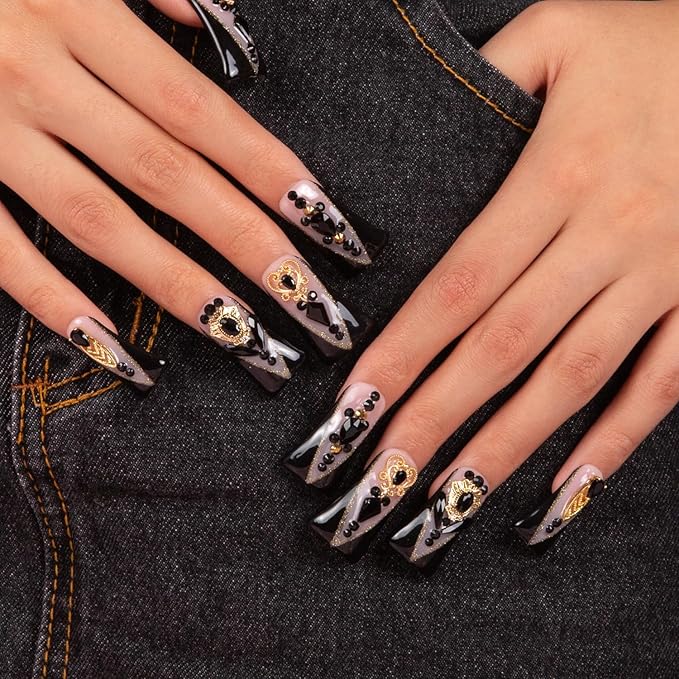 LOVFUL Press on Nails Obsidian Palace Black French Tip | Handmade with Full Covered Crystals | Reusable Fake Nails | Duck Classic Regular 1.3 in | H165-L