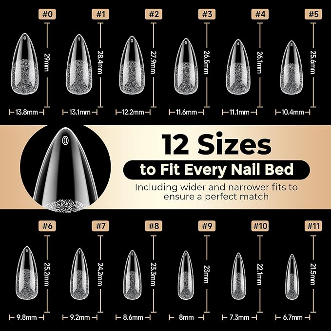 Long Almond Nail Tips: 504pcs Full Cover Soft Gel Nail Tips, 12 Sizes Pre-Etched Half Matte Almond Press on Nails No C Curve For Nail Extensions Home Salon