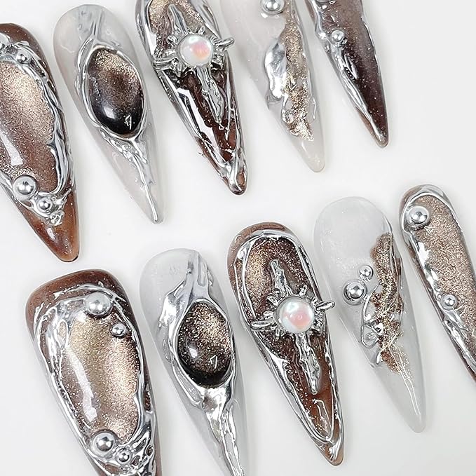Handmade Long Press on Nails - Brown Cat's Eye Full Cover Fake Nails Glossy Almond False Nails with Embossed Swirl Design Acrylic Nails P ress ons Luxury Stick on Nail for Women 10Pcs(Size M)