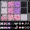 600 Pcs 3D Nail Charms and Flatback Pearls Set 7, 4 Colors Nail Bows Charm + Pink&White Star Heart Moon Cute Nail Jewels + 2-4mm White Nail Pearls for Nail Art DIY Decoration with Pickup Tools